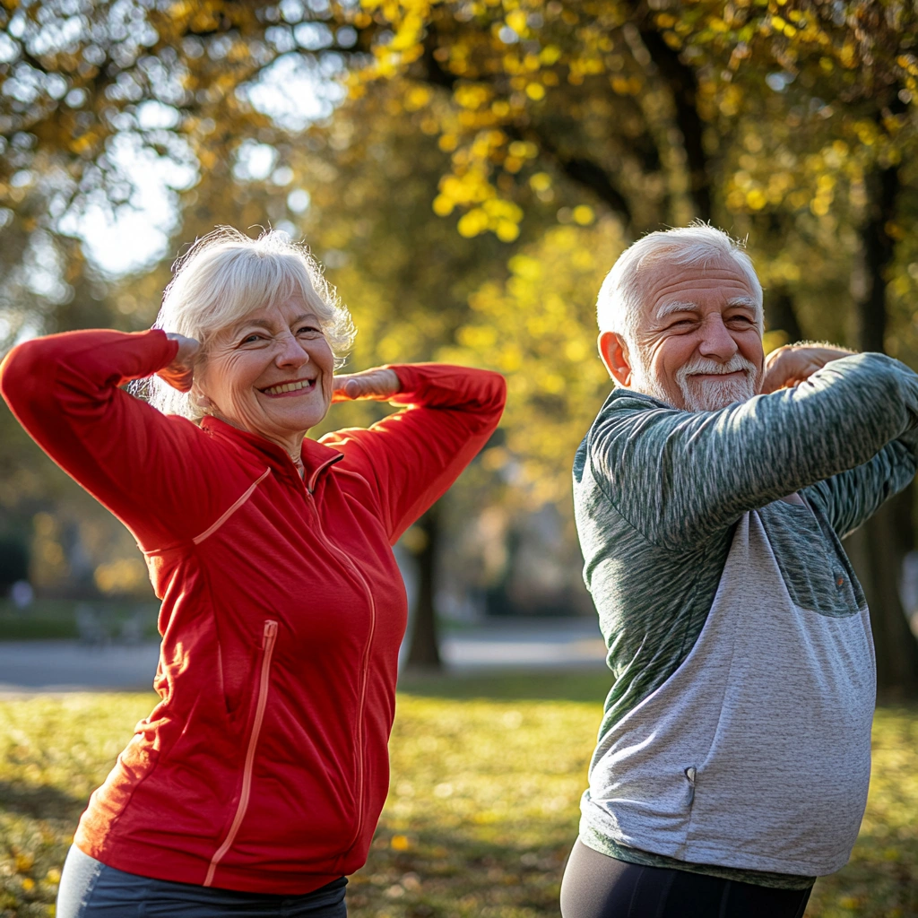 Активні люди старшого віку насолоджуються тренуванням у парку